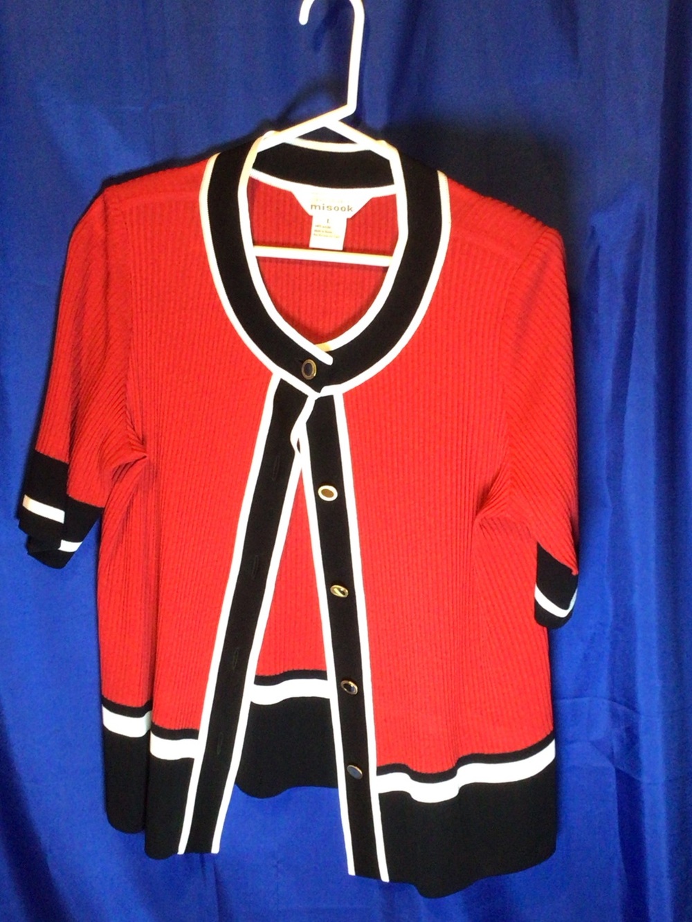 Misook Red Short Sleeve Knit Cardigan with Black & White Trim